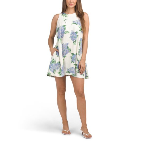 FOR CYNTHIA Ivory/blue Linen Blend Hydrangea Sleeveless Mini Dress
